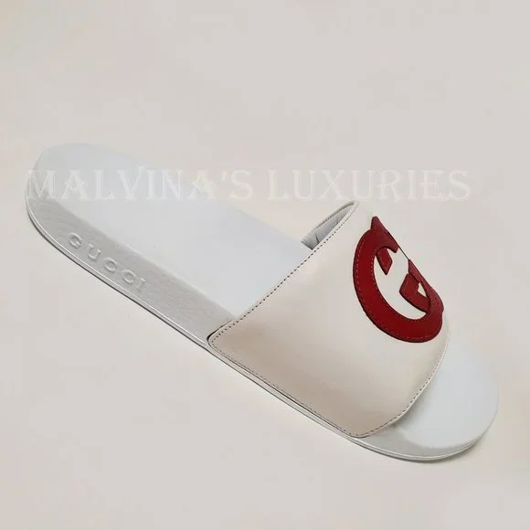 GUCCI SHOES WHITE LEATHER SLIDES INTERLOCKING G LOGO FLIP FLOPS sz IT 39 US 9